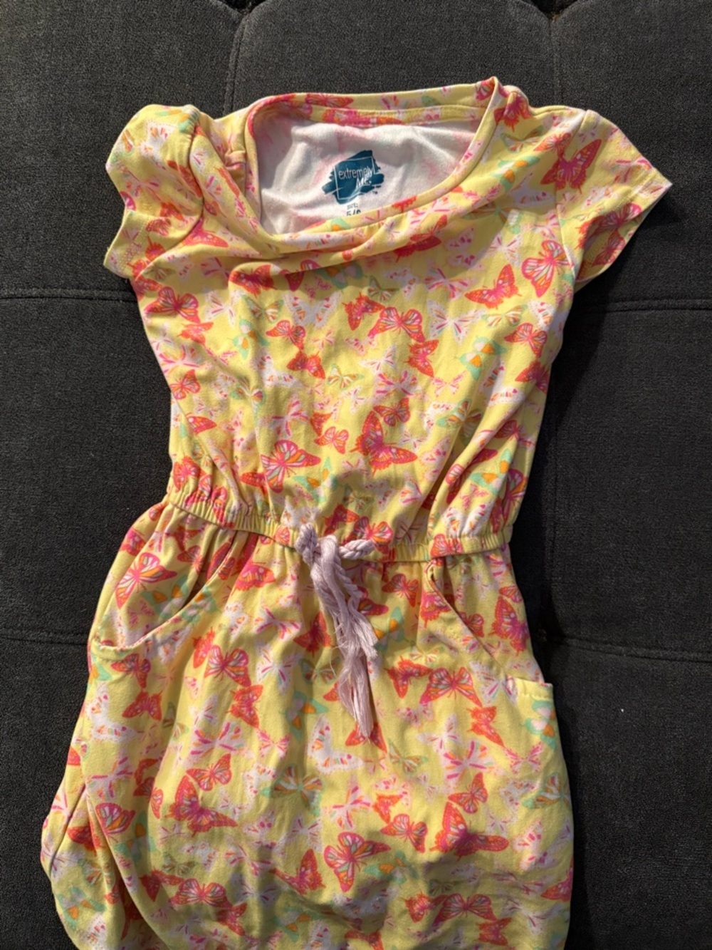Children's Yellow Butterfly Drawstring Casual Dress